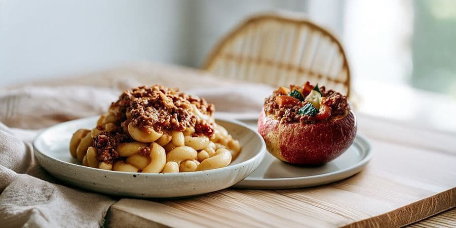 Cornettes à la viande hachée et aux pommes au four