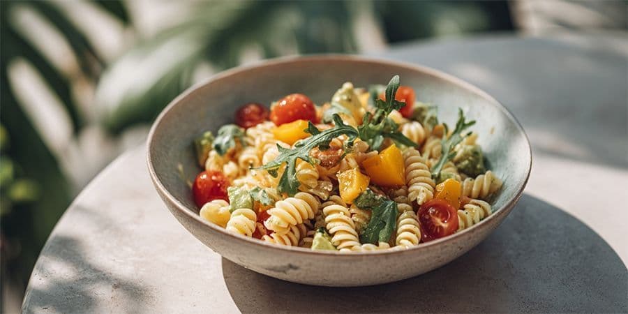 Insalata di pasta con pomodori ciliegini e avocado