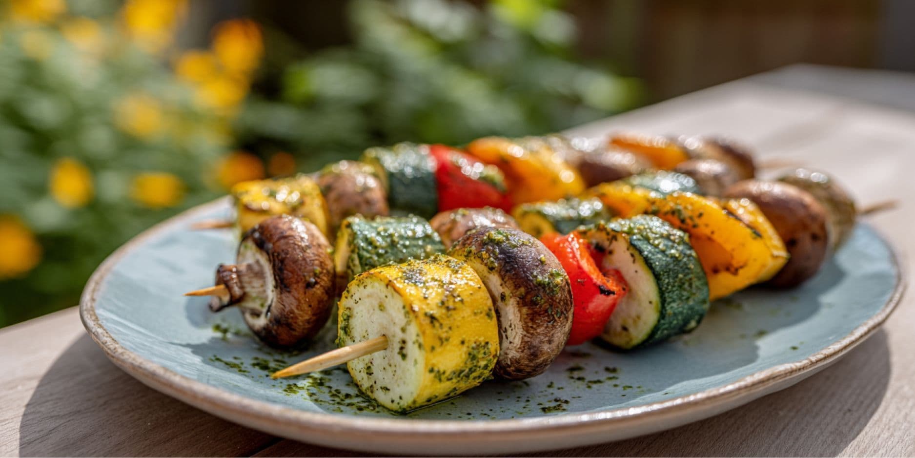 Brochettes de légumes multicolores avec marinade au pesto et au basilic