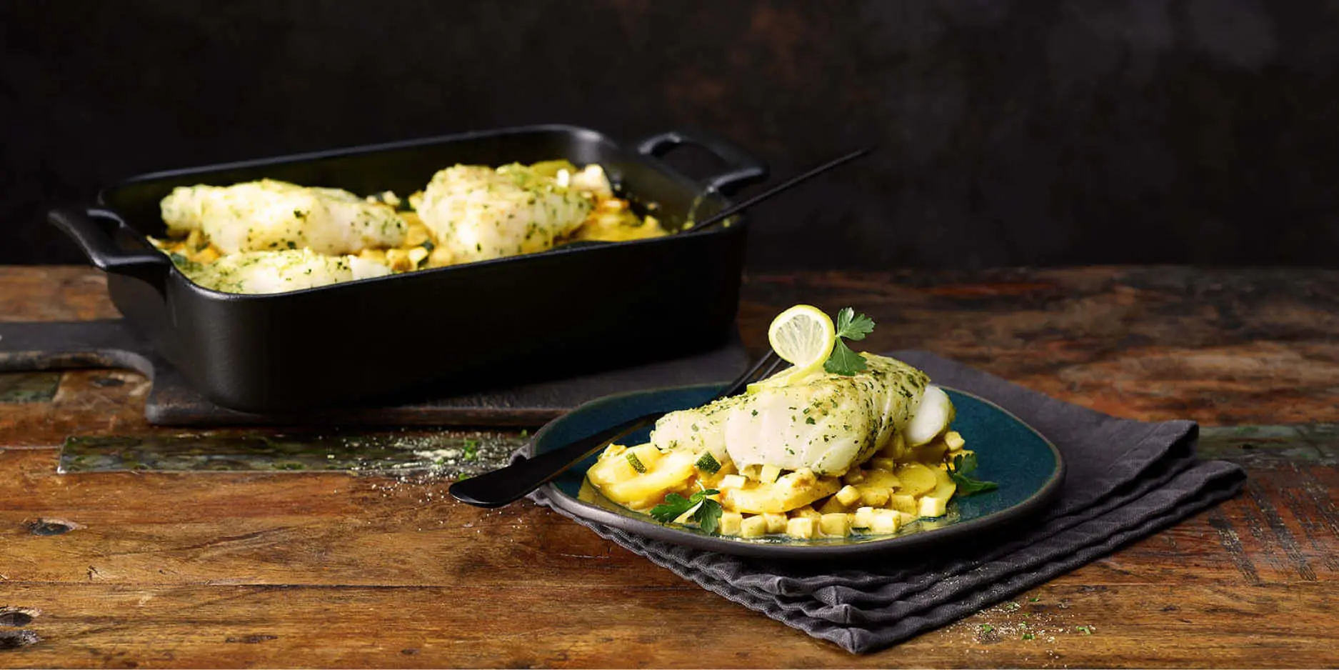 Gratin de pommes de terre au poisson et sauce au curry Madras